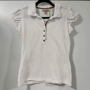 Burberry London White Polo Shirt | Nova Stripe Trim | Puff Sleeve | Size S